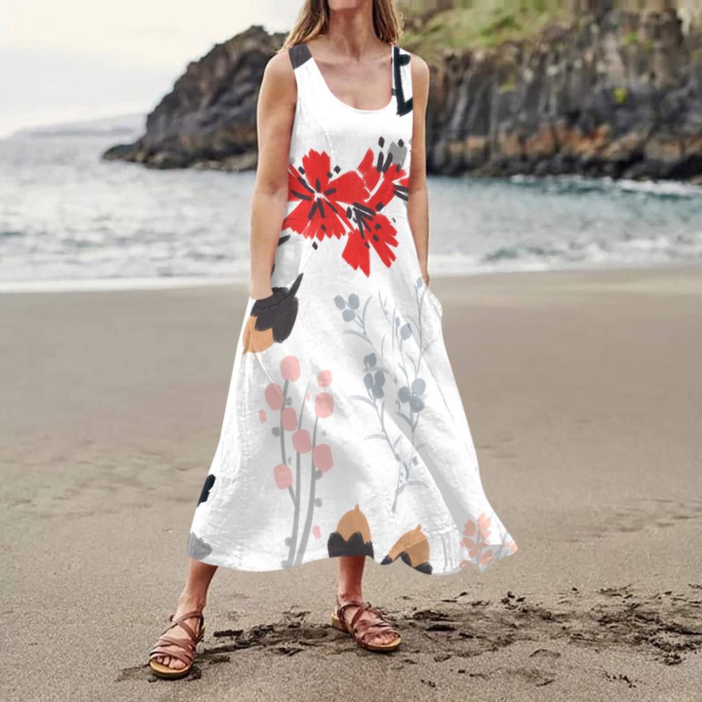 Женское повседневное удобное хлопковое карманное платье без рукавов с цветочным принтом