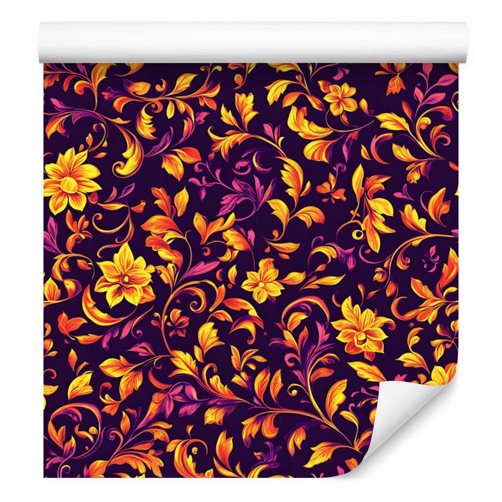 Intricate floral pattern wallpaper in plum, burgundy and red 50x1000