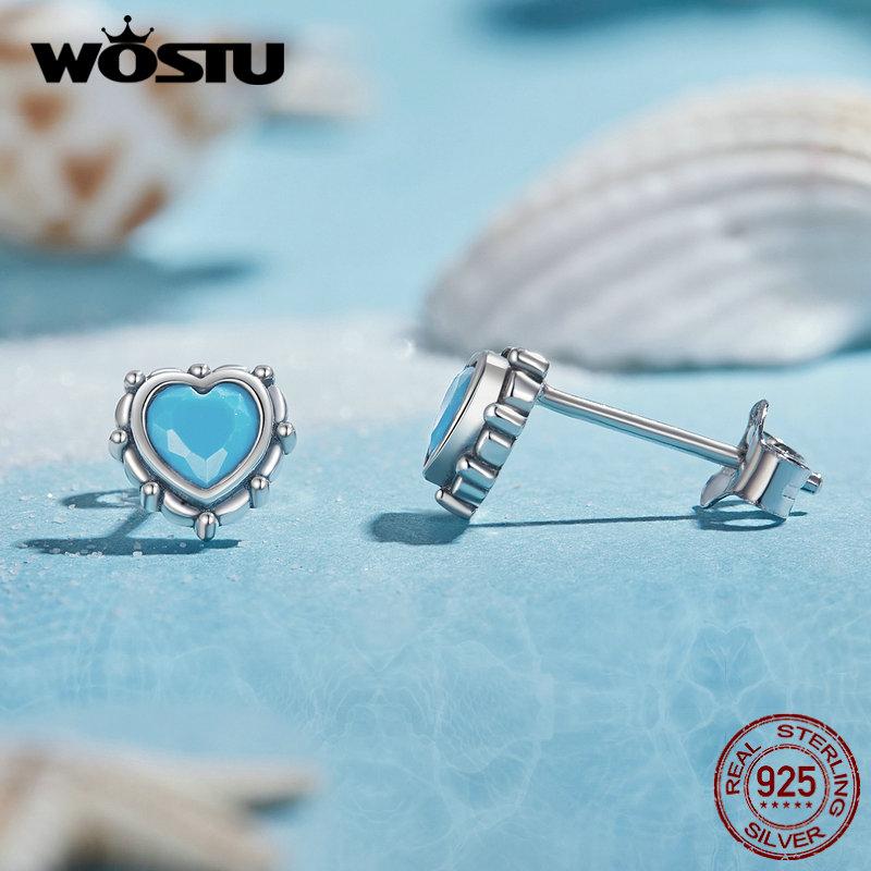 WOSTU Серьги-гвоздики в форме сердца из стерлингового серебра 925 пробы, синие бирюзовые мини-серьги Love для женщин, оригинальный дизайн, ювелирные изделия