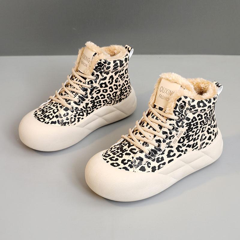 TUINANLE Winter Plush Casual Platform Shoes Woman Sneakers Slip On Shoes Women Flock Leopard Print Chunky Sneakers
