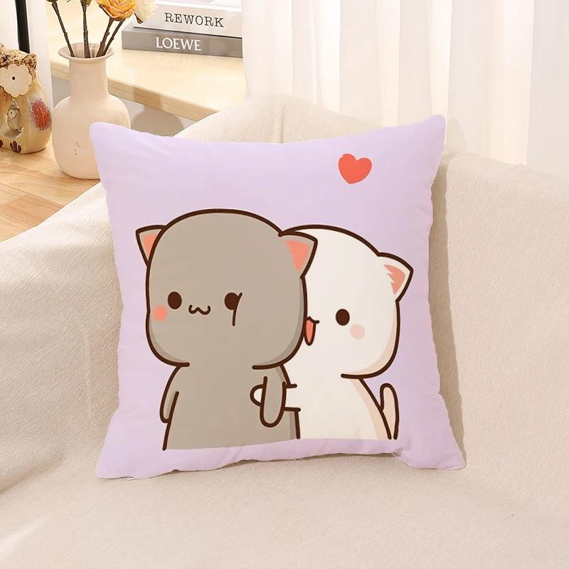 Pillow Cover Square Cushion for Bed Car Office Peach Mochi Cat Decorative Anime Room