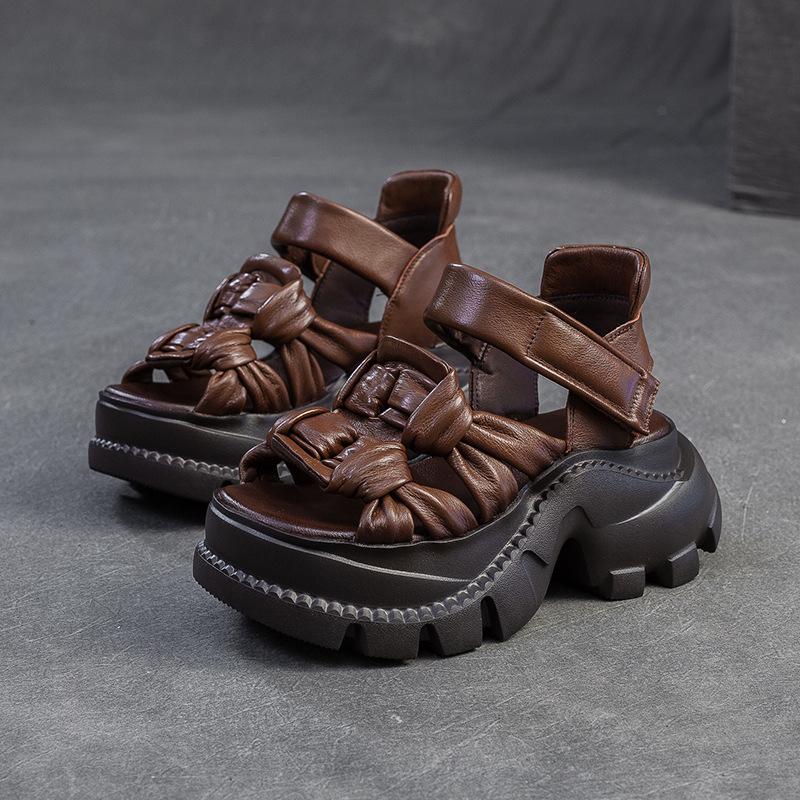 Johnature Дышащие сандалии с открытым носком из натуральной кожи ручной работы, ретро, для通勤, женская обувь на платформе