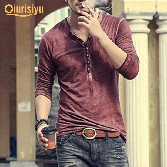 Men Solid Color Casual V Neck Thin Buttons T-shirt
