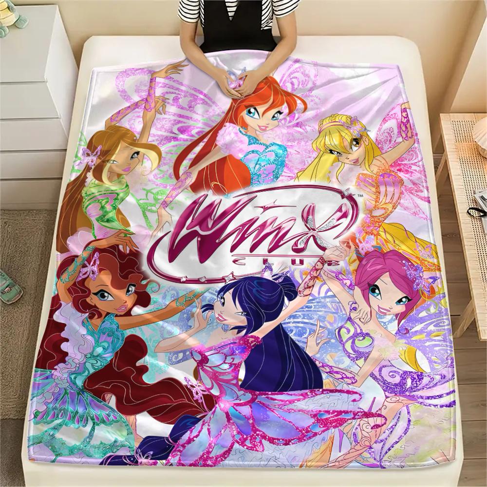 1 шт. Фланелевое одеяло с принтом Winx Club, Высокое качество, Для всех сезонов, Декор для дома, Тепло и уют, Идеально для рождественских подарков