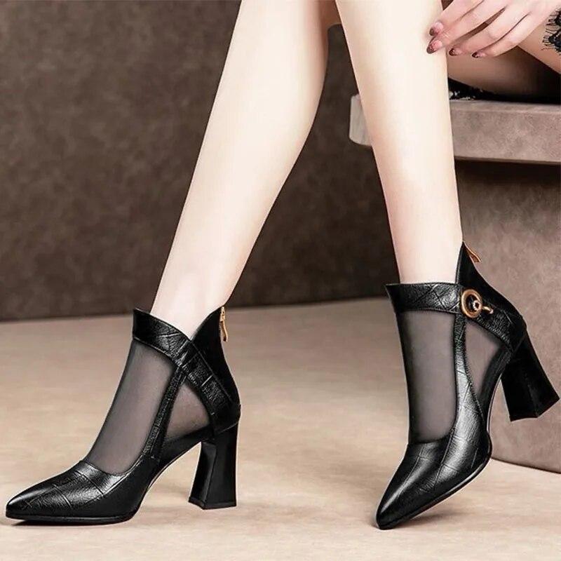2024 летние женские ботильоны с дышащей сеткой на массивном высоком каблуке, однотонная повседневная женская обувь из искусственной кожи, Botas De Mujer