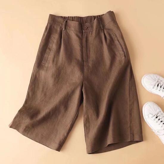 Women Cotton Linen Suit Shorts Elastic Waistband Women Shorts High Waist Straight Wide Leg A Line Work Shorts Casual Short Pants