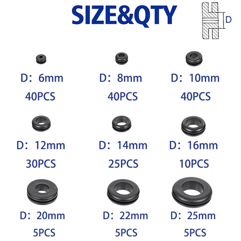 200PCS Hollow Rubber Grommet Firewall Hole Plug Assortment, Rubber Grommet kit 6/8/10/12/16/20/22/25mm