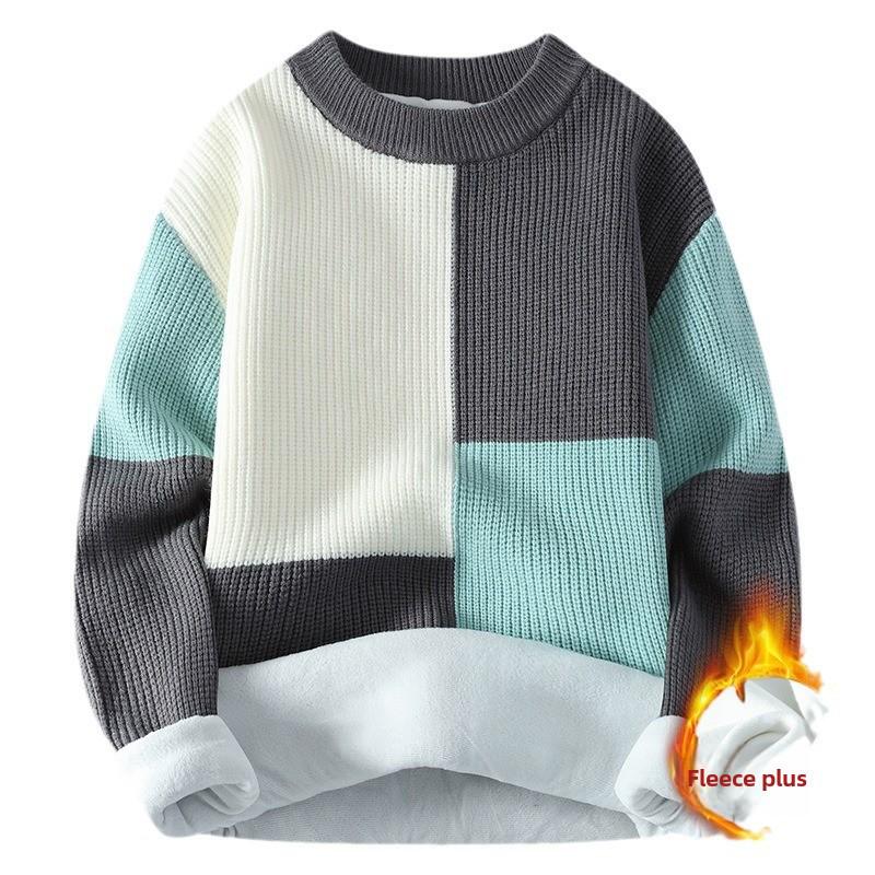 Мужской свитер с высоким воротом контрастного цвета 2024 года: Зимняя теплая свободная толстая трикотажная вельветовая одежда