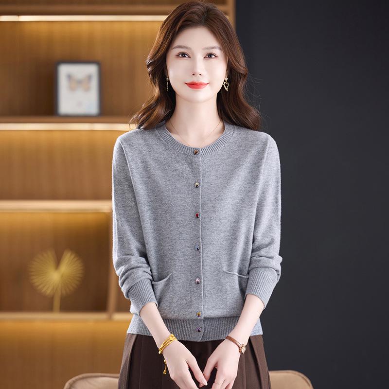 Женский кардиган из 100% чистой шерсти - Новый осенне-зимний свитер с круглым вырезом для мамы
