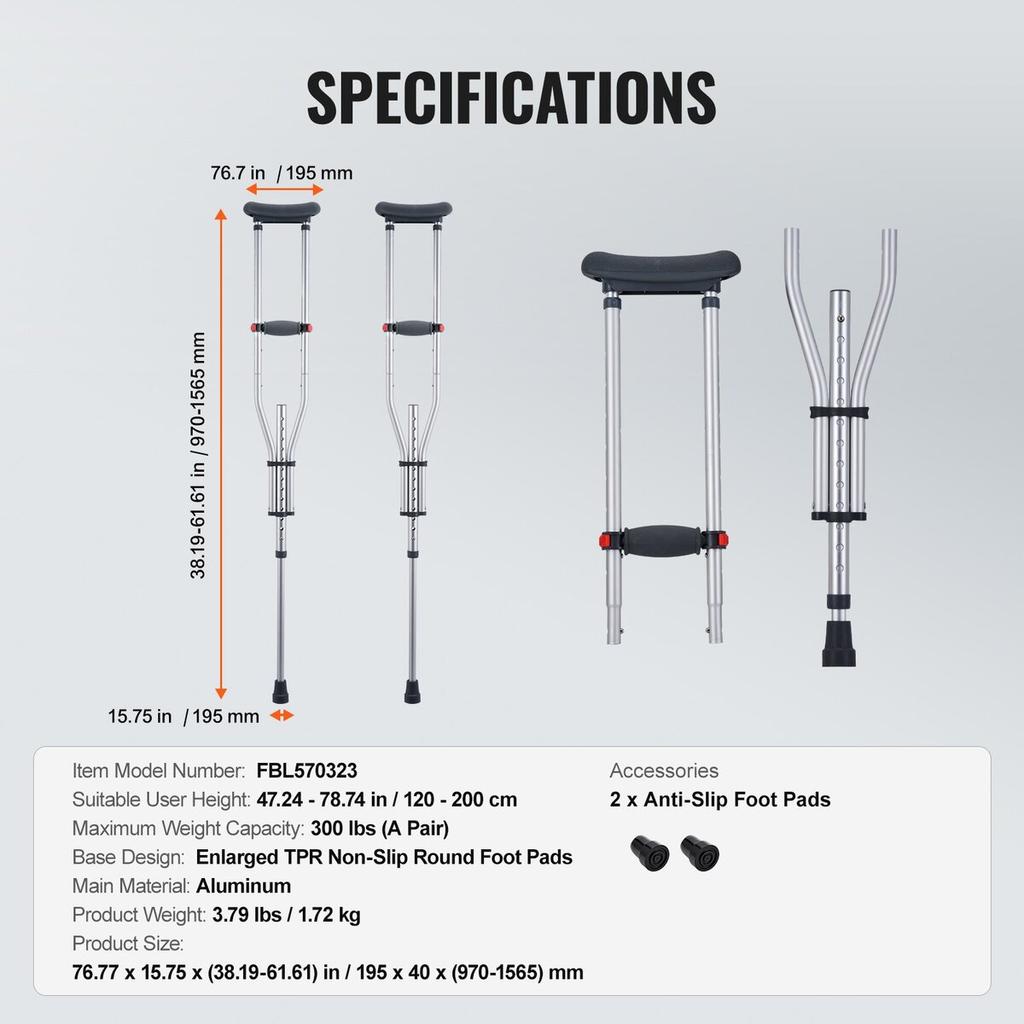 Underarm Crutches 13-Level Height Adjustable Under Arm Walking Crutches
