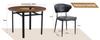 Modern minimalist round table set (2 black PU armchairs, curved backrest), 100 cm diameter table in wood look. For dining room & kitchen.