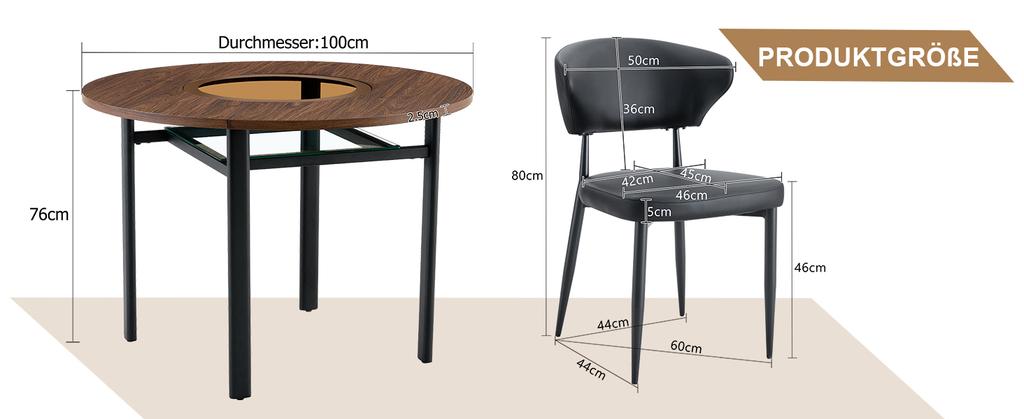 Modern minimalist round table set (2 black PU armchairs, curved backrest), 100 cm diameter table in wood look. For dining room & kitchen.