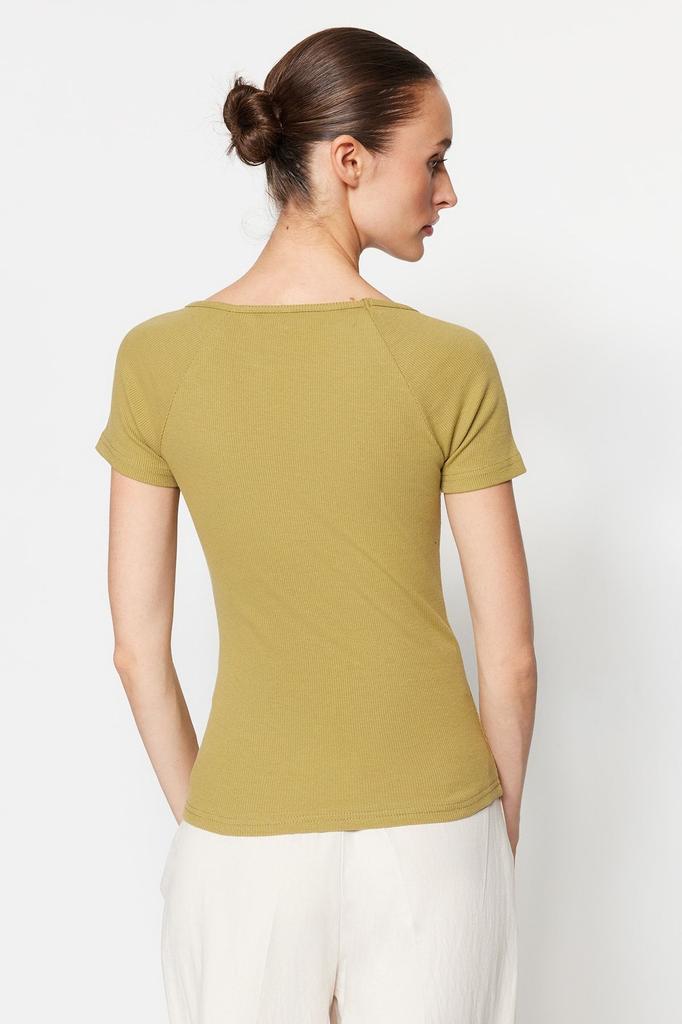 Женская модная зеленая хлопковая эластичная трикотажная блузка со шнурком