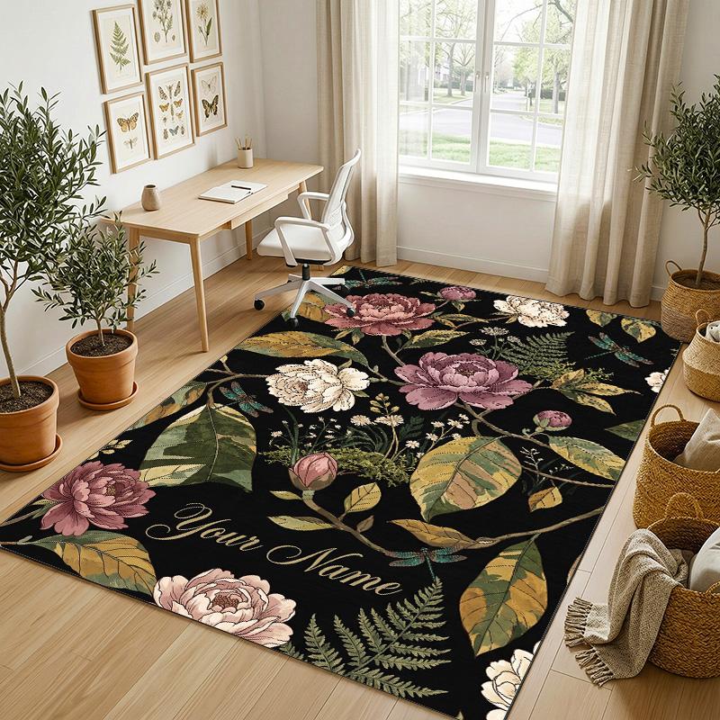 Floral Garden Theme Crystal Velvet Rug Personalized Custom Name Text Soft Floor Mat Home Decor