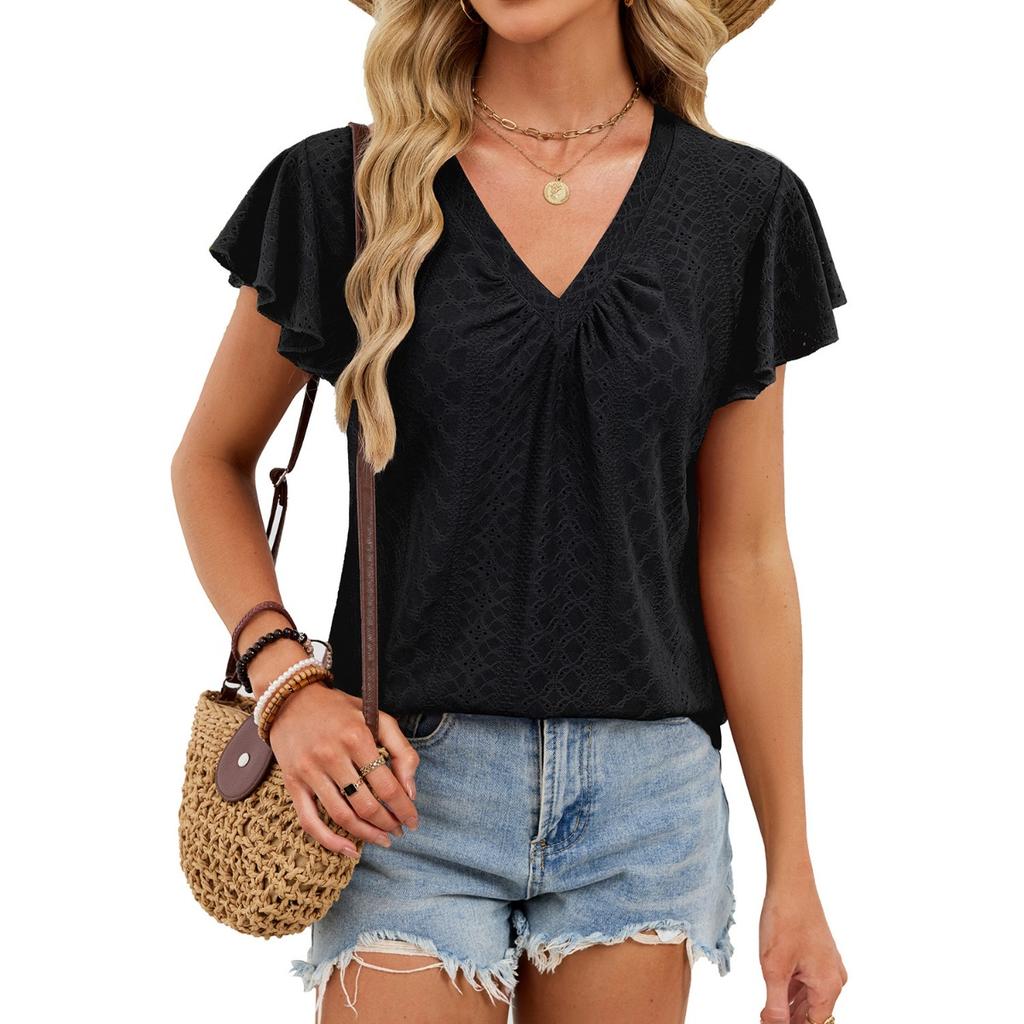 Summer Women's Solid Color V-neck Loose Short Sleeve T-shirt Double Layer Sleeve Casual Top for Europe USA Cross-border
