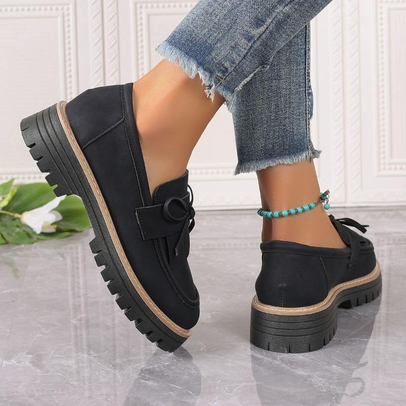 Fashion Women's Chunky Single Shoes Spring New Round Head Deep Mouth Suede Butterfly Knot Thick Sole Non-slip Loafers