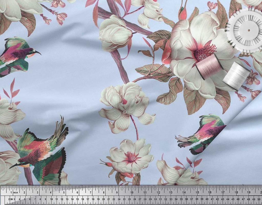 Soimoi Серая полиэфирная креповая ткань с цветочным принтом и принтом зимородка, 42 дюйма по метрам