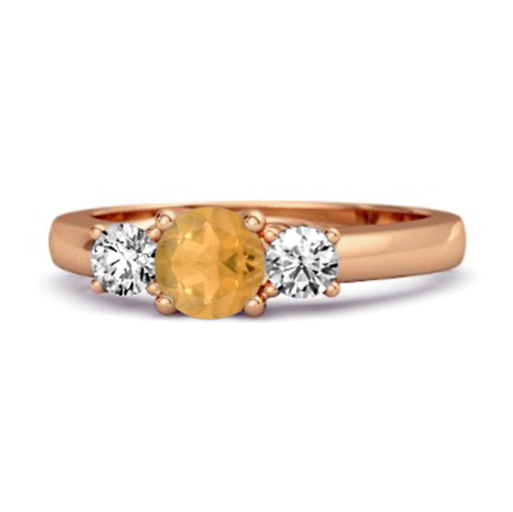 Citrine Round Three Stone Ring - 925 Sterling Silver Rose Gold Vermeil