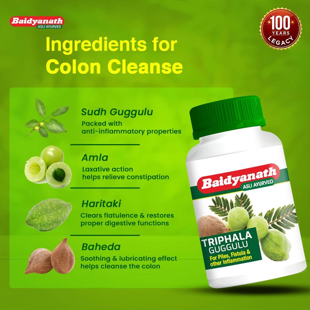 Baidyanath Triphala Guggulu Tablets Pack of 2 | Ayurvedic Herbal Blend for Daily Digestive Wellness and Internal Balance | 80 Tab