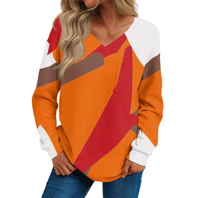 Женская мода повседневный свитер с длинным рукавом и принтом V-образным вырезом