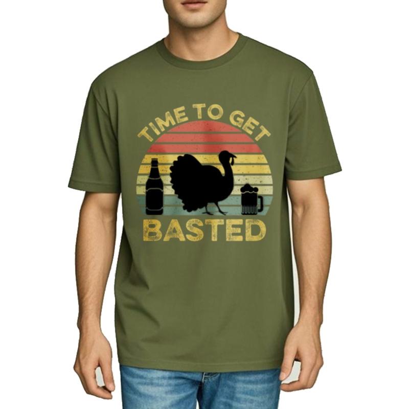 Relaxed Fit Tshirt Solid Color Boys O Neck tshirt Streetwear Time To Get Basted Turkey Beer Sunset Retro For her Tshirt