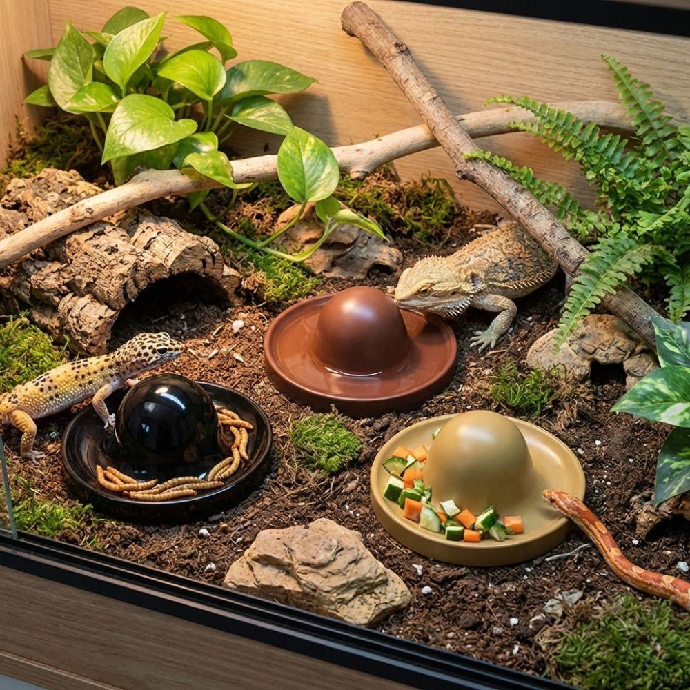 Plastic Reptile Feeder Bowl Round Reptile Water Pot Easy-Clean Feeder Ledge for Amphibians