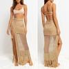 Women Beach Skirt High Waist Knitted Long Tassel Hollow Out See-through Floor Length Split Solid Color Bohemian Lady Bikini Cover-up Skirt