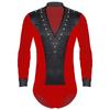 Mens Dance Leotard Glittery Rhinestones V Neck Design Long Sleeve Satin Patchwork Bodysuit