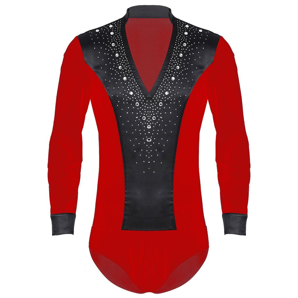 Mens Dance Leotard Glittery Rhinestones V Neck Design Long Sleeve Satin Patchwork Bodysuit