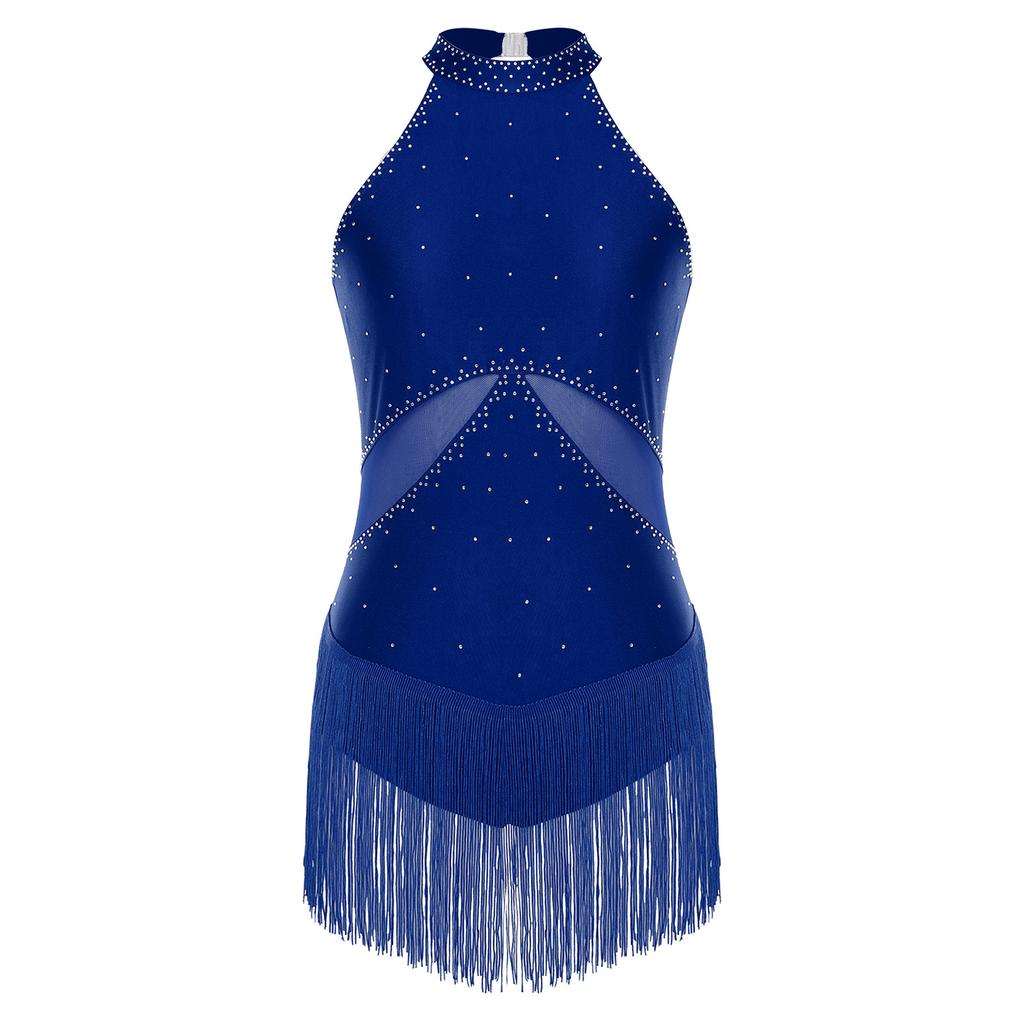 Женский латиноамериканский купальник с блестящими стразами, бахромой, сетчатыми вставками, с вырезом на спине, боди для выступлений