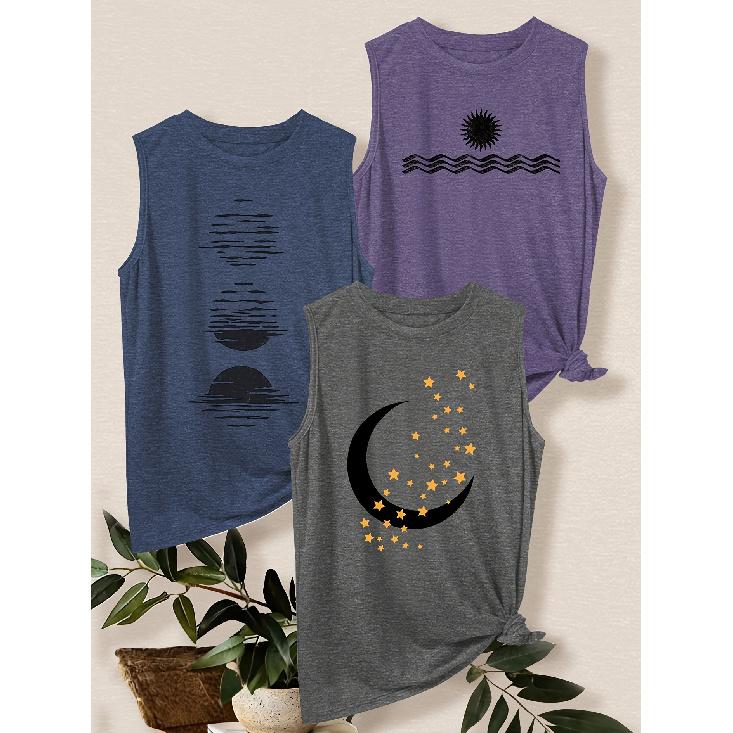 3Set of tank tops Sun, Moon, Stars, and Waves Print Loose Casual Vest T Shirt Retro-style breathable, comfortable, and soft fabric Spring and Summer