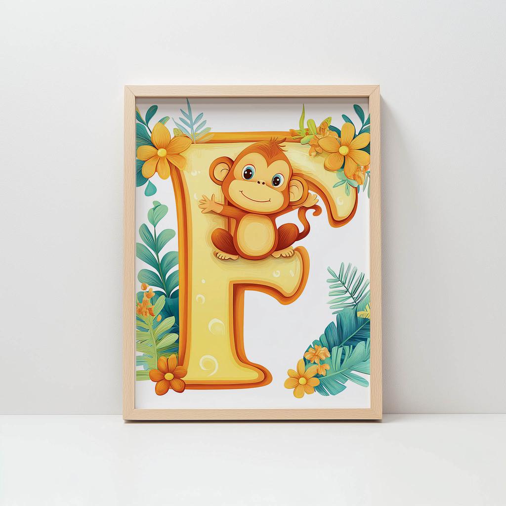 Poster Cheerful "F" With Monkey Poster Cheerful "F" With Monkey, 30X40 Cm, Dark Brown Wooden Frame, 230 Gsm Matte Paper