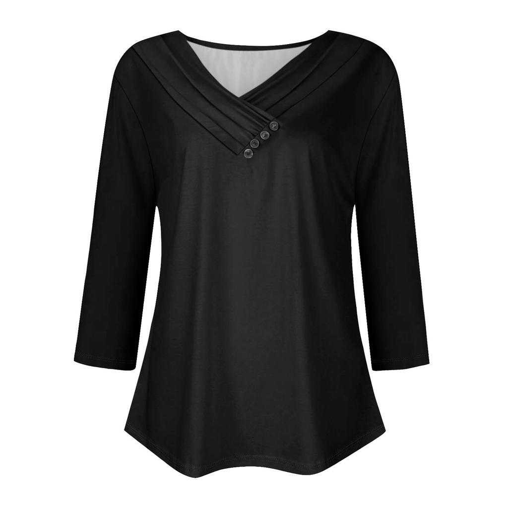 Womens 3/4 Sleeve Daily Weekend V Neck Casual Printed Tshirts Loose Fit Pleated Tees Ladies Blouse