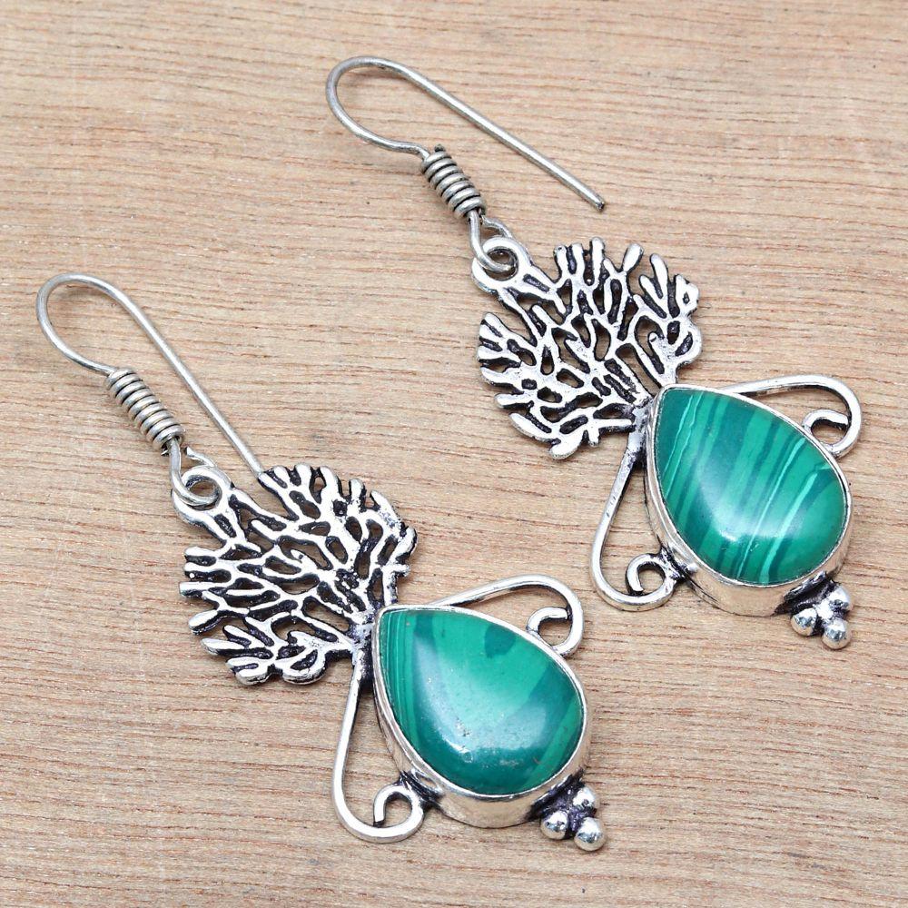 Malachite Gemstone Handmade Gift For Her Silver Jewelry Earrings 1.5''