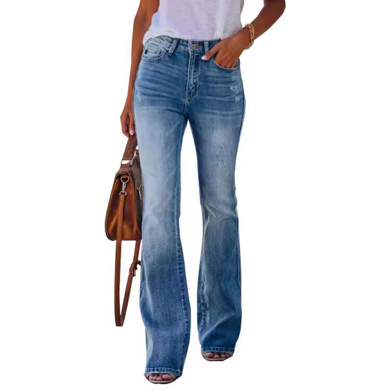 Женские джинсы с высокой талией, расклешенные эластичные брюки-бойфренды, повседневные джинсовые брюки, эластичные широкие женские брюки с кошачьими усами