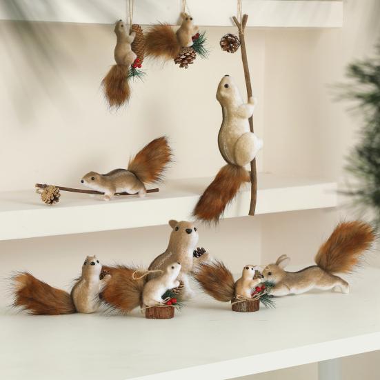 Foam Squirrel Ornament 3D Artificial Squirrel Figurine with Pine Cones Berries Cute Fake Animal Christmas Tree Hanging Decoration for Winter