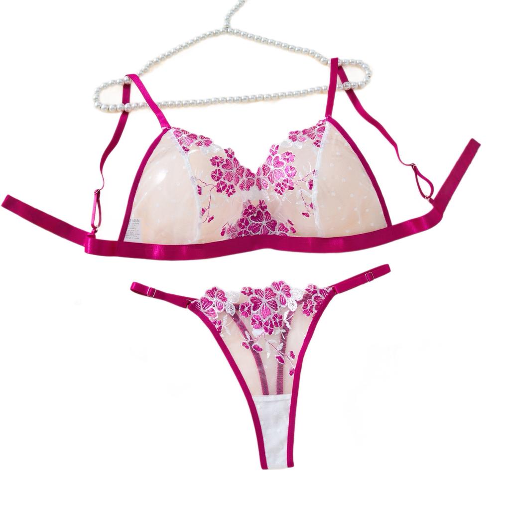 Sexy lace mesh erotic underwear set female transparent flower embroidery pure desire wind bra thong two-piece set