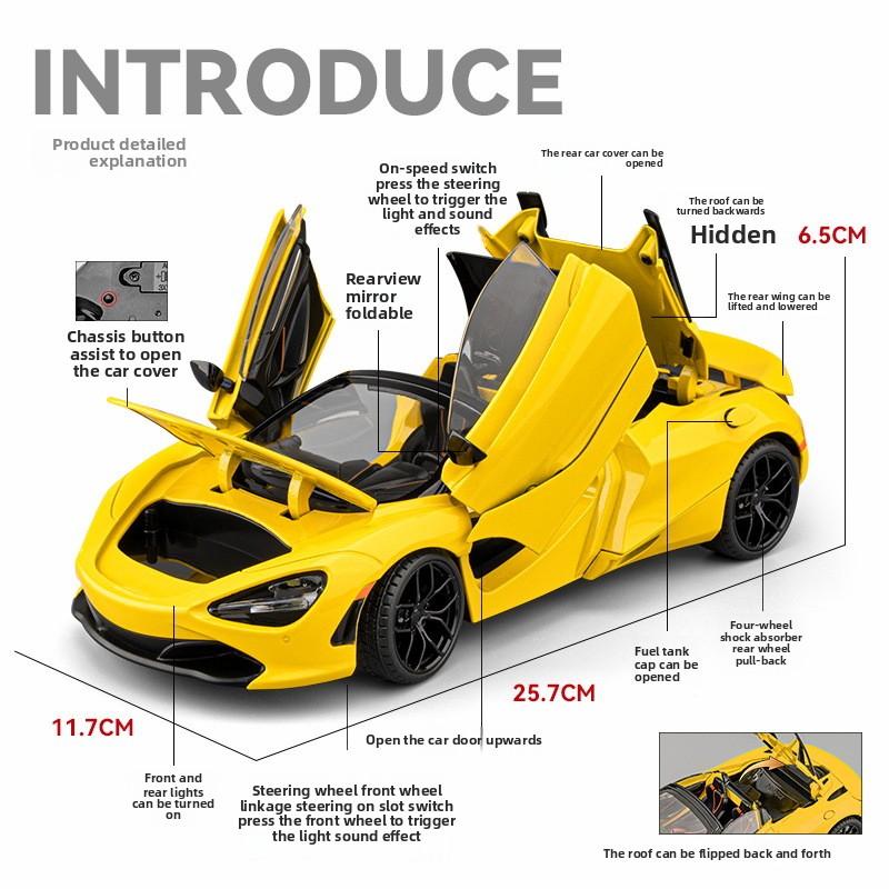 Diecast 1/18 Big Size 720S Alloy Supercar Model with Sound Light Collection Hobby Miniature Voiture Children Boy Toy Vehicle