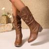 Fashion Women Knee-High Boots Mid-Calf Leisure Style Spring Autumn Shoes for Women 2025 New Brown Slip-On Round Toe Pleated Women Boots