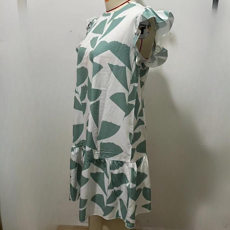 2024 Лето Свободные повседневные платья с рюшами и рукавами Женское короткое платье с круглым вырезом и принтом Женская мода Элегантное праздничное пляжное платье трапециевидной формы 24500