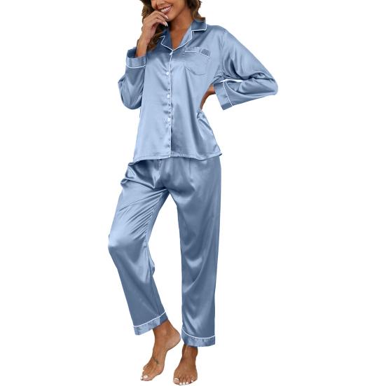 2 шт./комплект пижамный костюм атласный однобортный кардиган рубашка V-образный вырез воротник однотонная рубашка