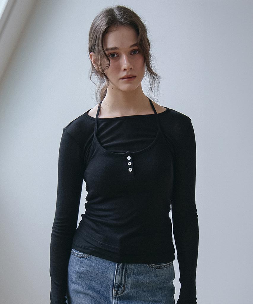 VEM.VER Button-Detail Bustier Layered T-Shirt_Black
