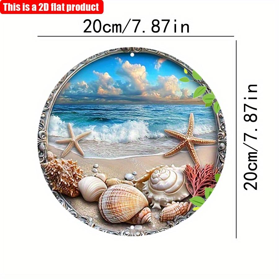 2D плоский 20*20 см 1 шт прибрежная атмосфера пляж ракушки и узоры морских звезд круглый настенный декор, волны и пейзаж голубого неба деревянный кулон, современный деревенский