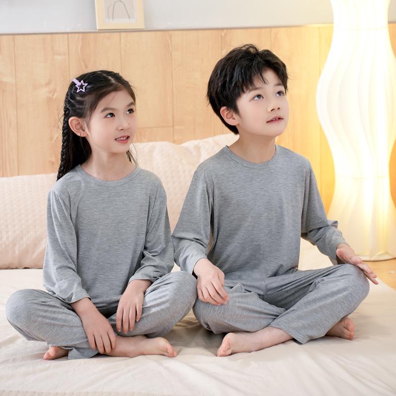 Детский модальный пижамный комплект - Летний легкий, с круглым вырезом, с длинными рукавами и брюками для мальчиков и девочек.