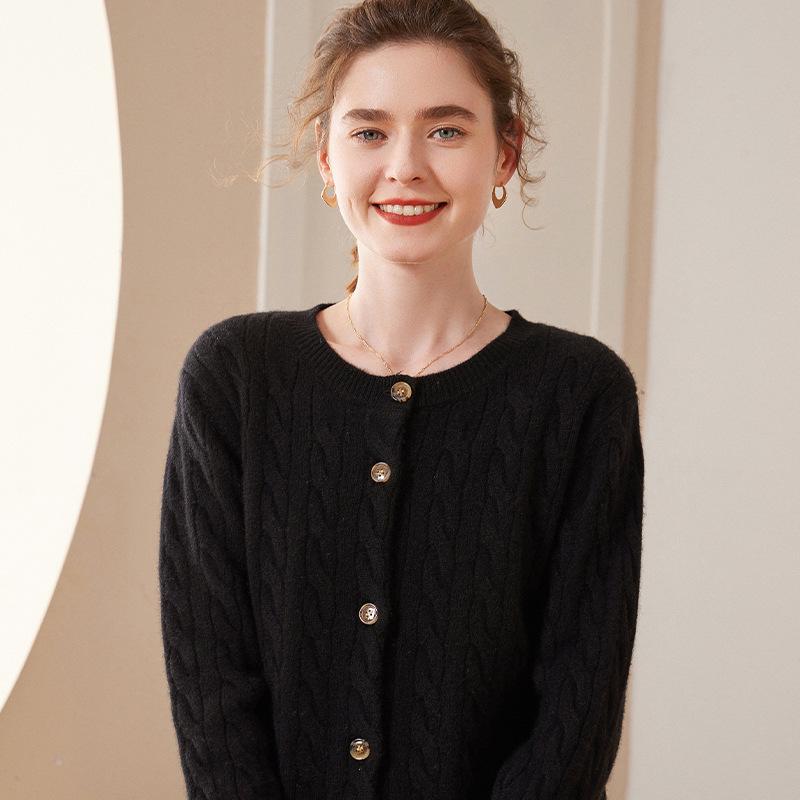 Women's 100% Pure Cashmere Round Neck Cable Knit Cardigan Sweater