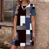Fashion Womens Loose Geometric Patterns Print O Neck Short Sleeve Leaves Print Loose Streetwear A-line Dress