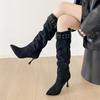 Модные повседневные и тонкие французские универсальные черные ботинки женские лето 2025 новые ботильоны на шпильке с острым носком ботинки рыцаря