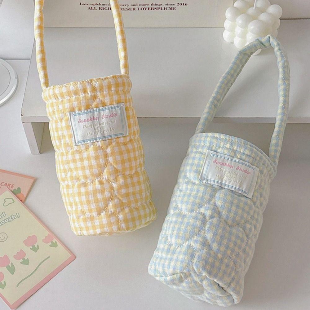 Plaid Design Water Bottle Protective Cover Heart Embroidery Thermos Cup Sleeve For Men And Women