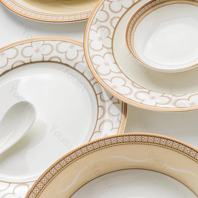 Золотая рамка Высококачественная обеденная тарелка Легкая роскошная креативная ресторанная керамическая тарелка для стейков Бытовая глубокая тарелка Суповая миска Столовая посуда