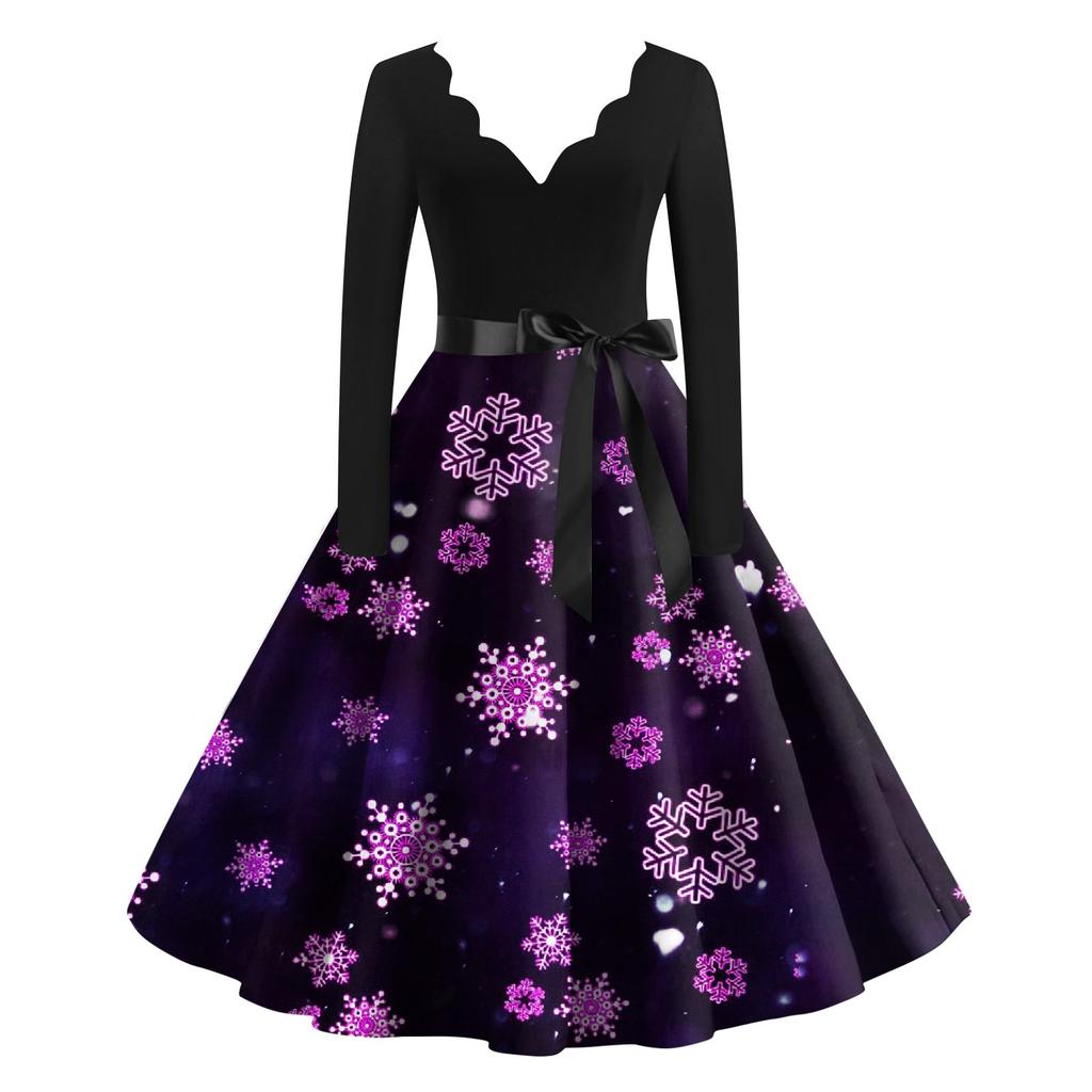 Женские рождественские повседневные модные винтажные платья с v-образным вырезом и длинными рукавами с принтом